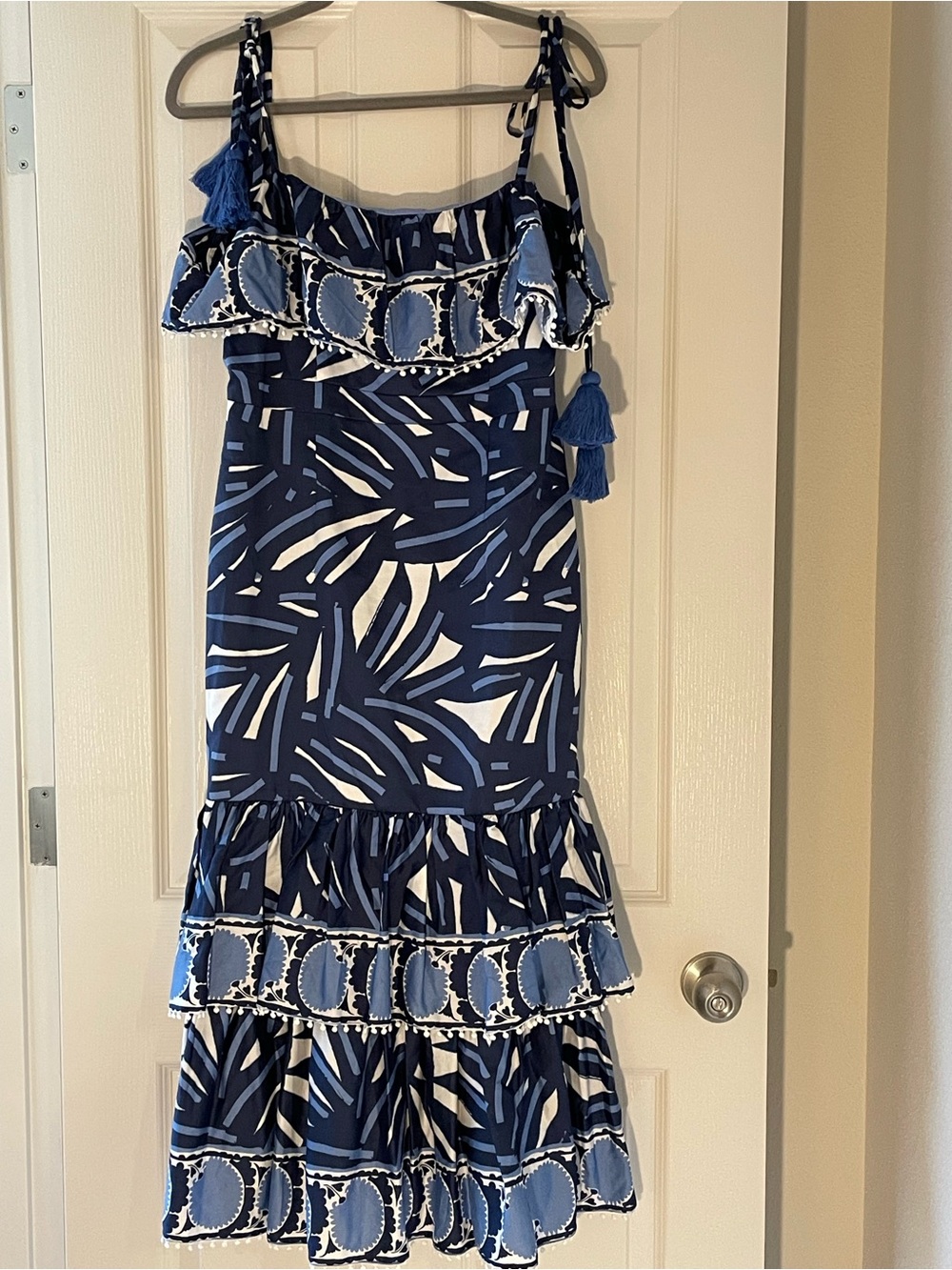 Alexis Navy and White Printed Maxi Dress with Ruffle Detail